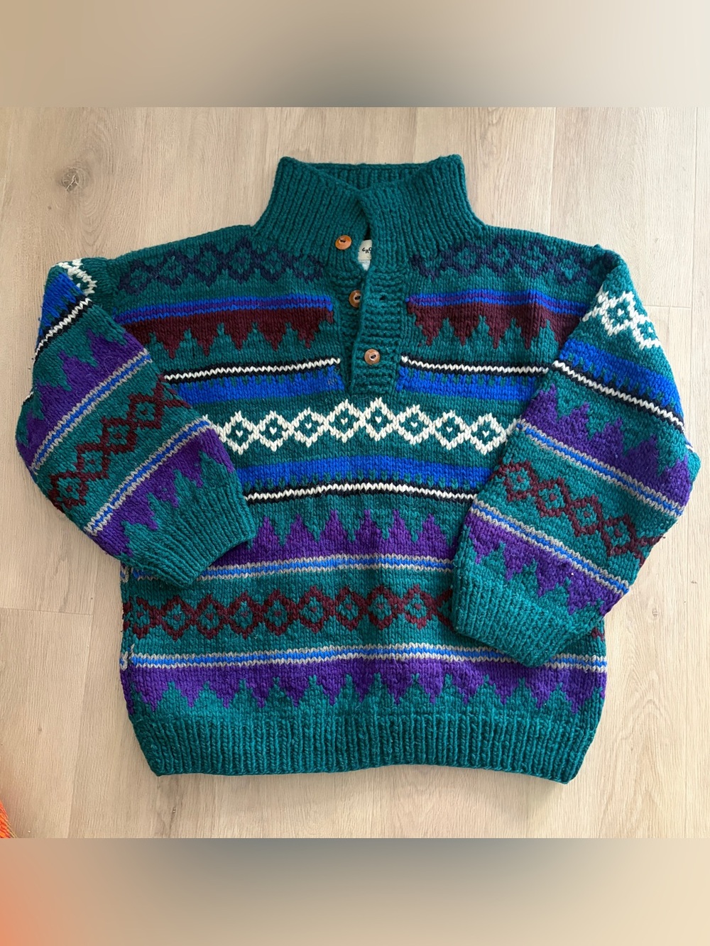 Chunky Knit Teal Patterned Men's Wool Sweater with Buttoned Stand Collar